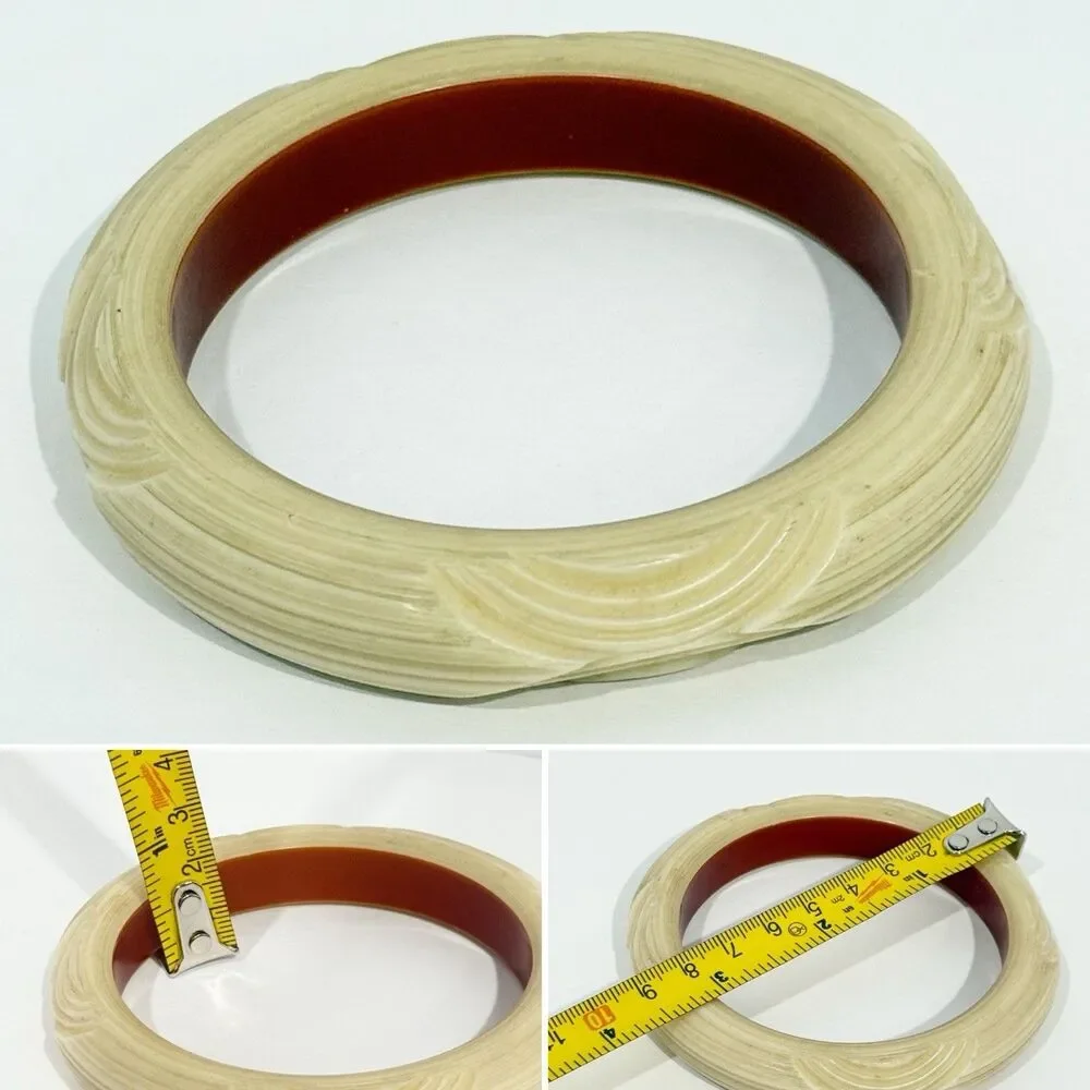 Vintage Carved Cream & Brown Bangle Bracelet Retro Bakelite Style Inner Dia - Picture 3 of 13